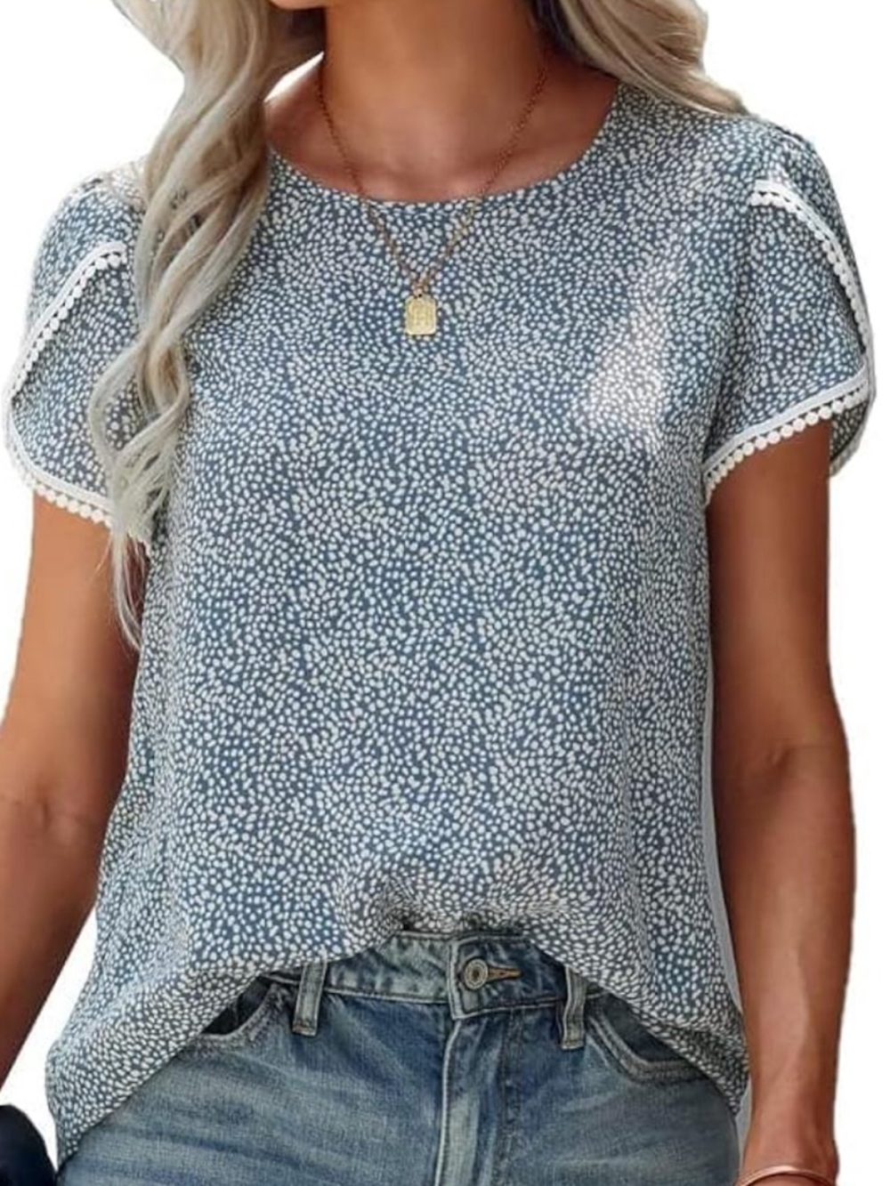 Casual Crewneck Lace Crochet Short Sleeve blue white
Blouse Loose Tunic Top. L